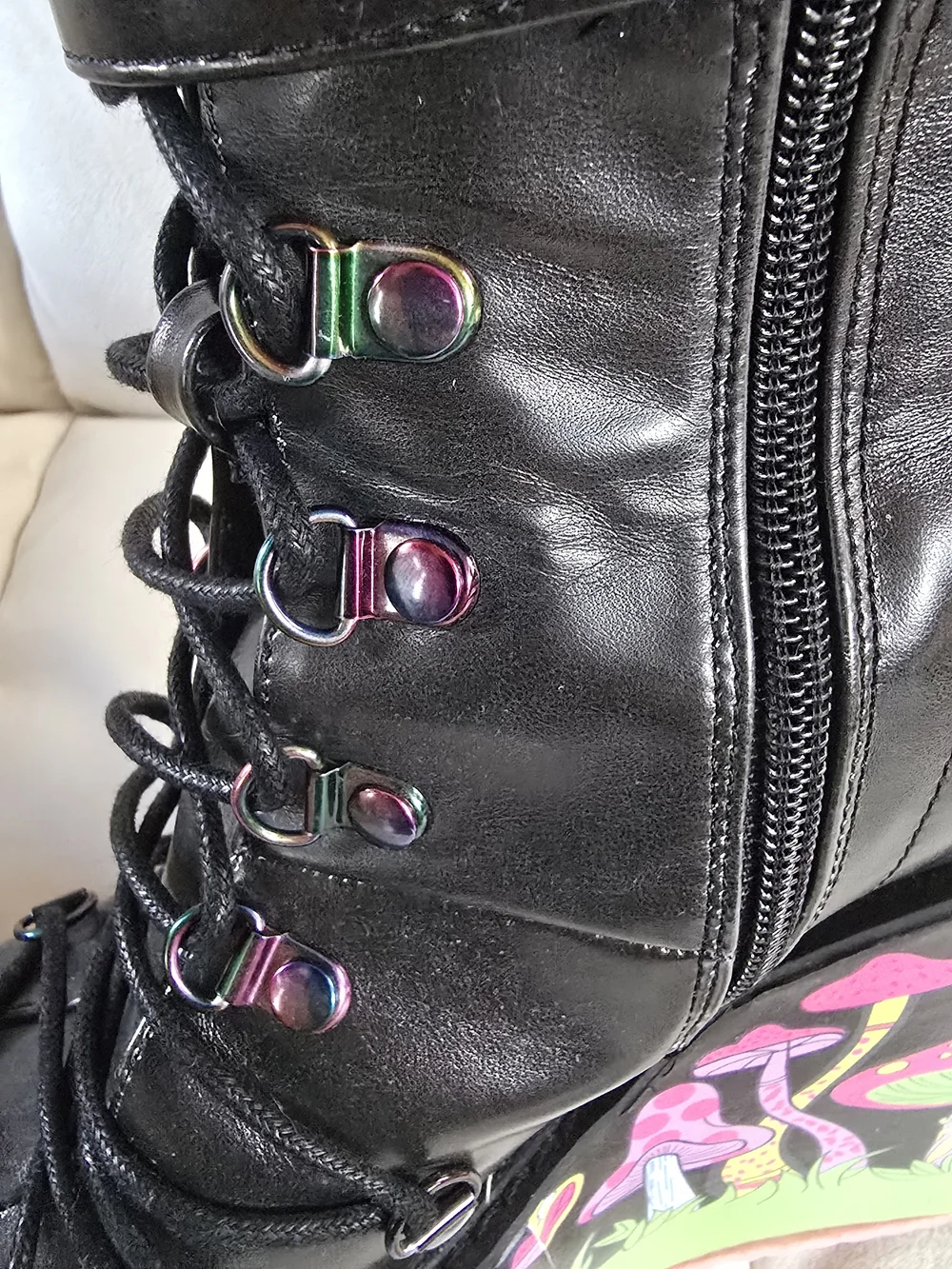 Black Platform Lace-Up Boots with Neon Mushroom Print